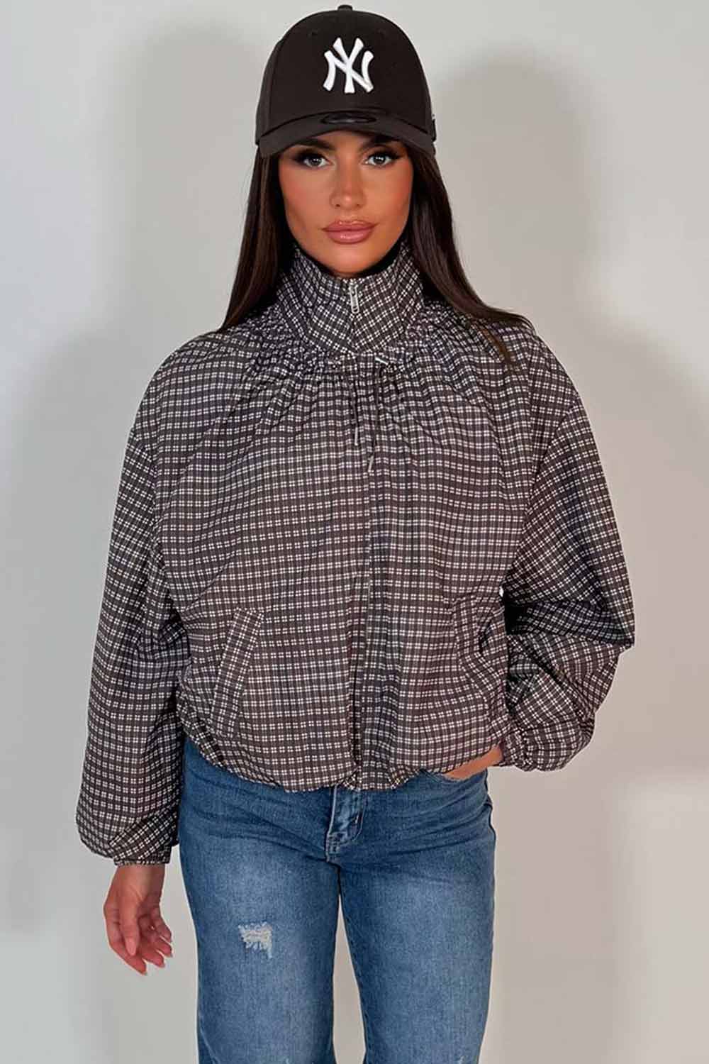 Check Jacket With Funnel Neck