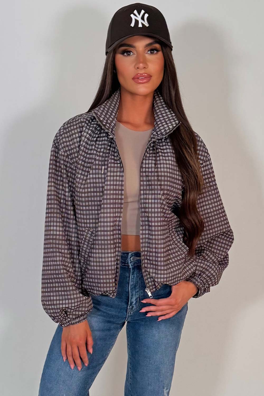 Check Jacket With Funnel Neck