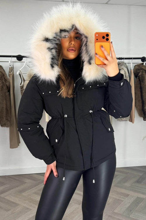 Black Coat With Faux Fur Hood And Drawstring Waist