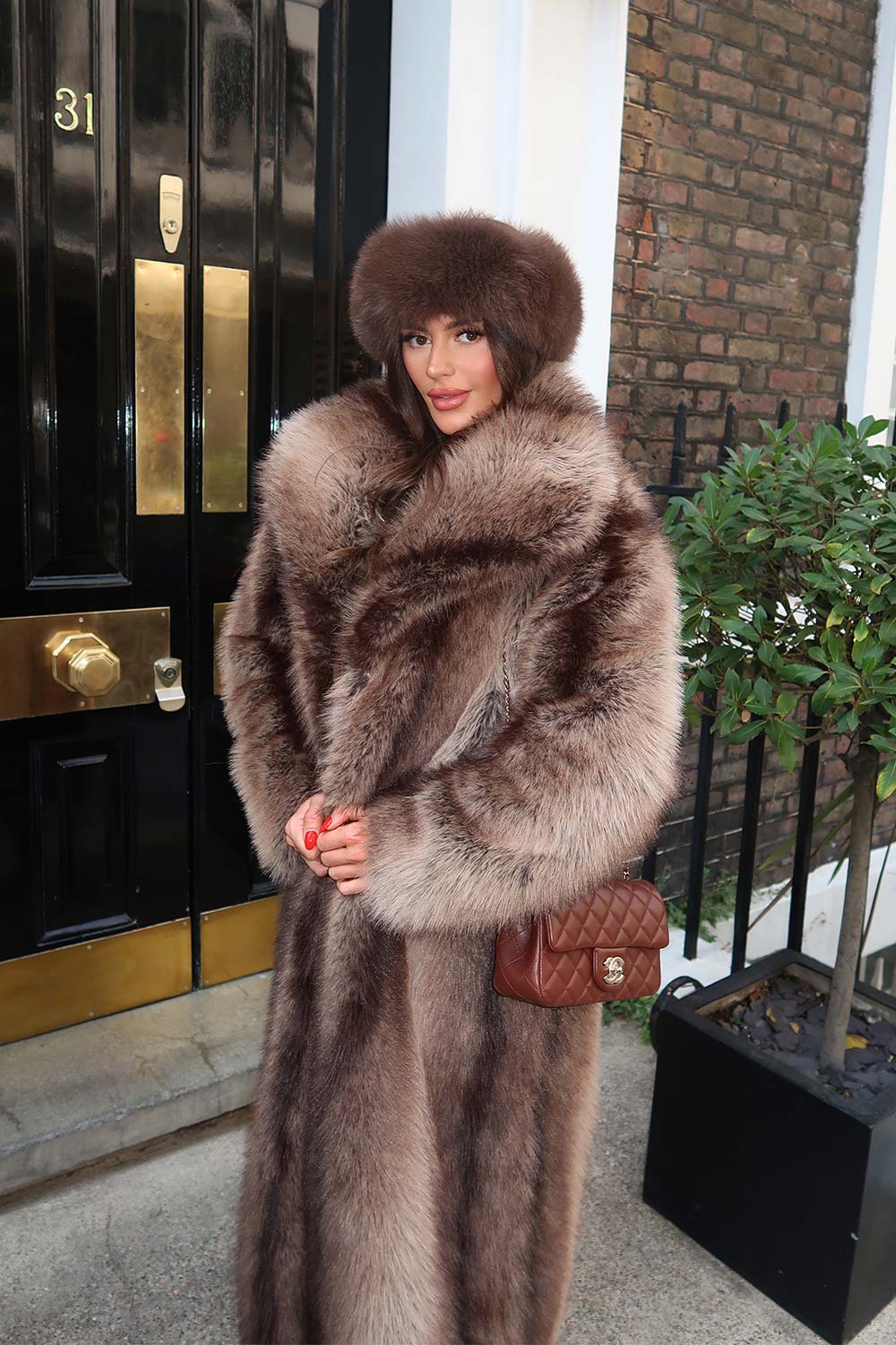 Long Faux Fur Coat With Collar Brown