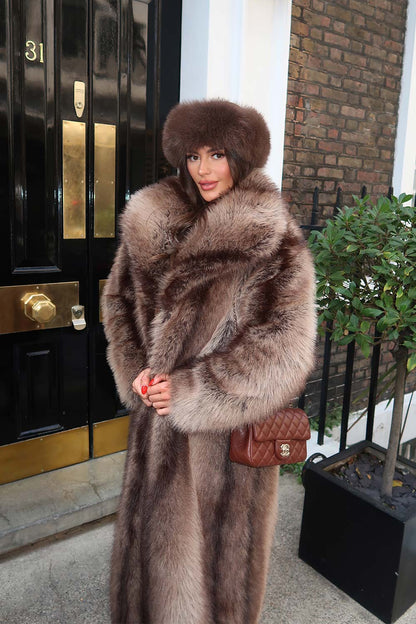 Long Faux Fur Coat With Collar Brown