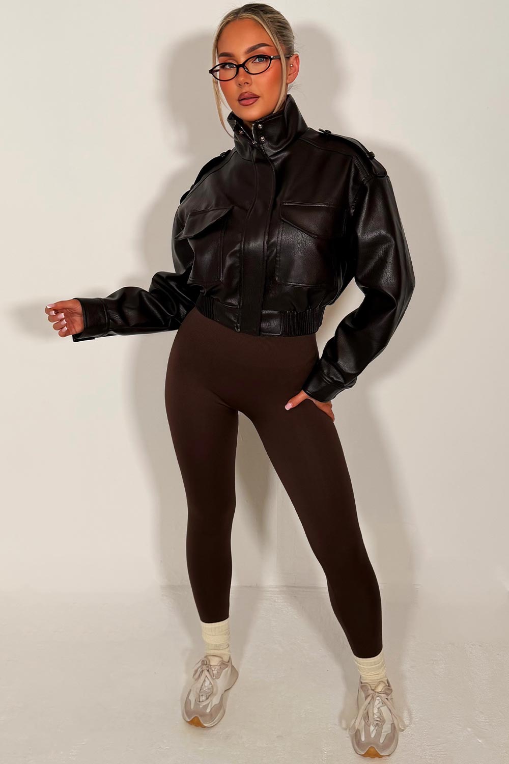 Faux Leather Jacket With Shoulder Tabs Brown