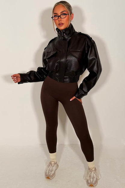 Faux Leather Jacket With Shoulder Tabs Brown