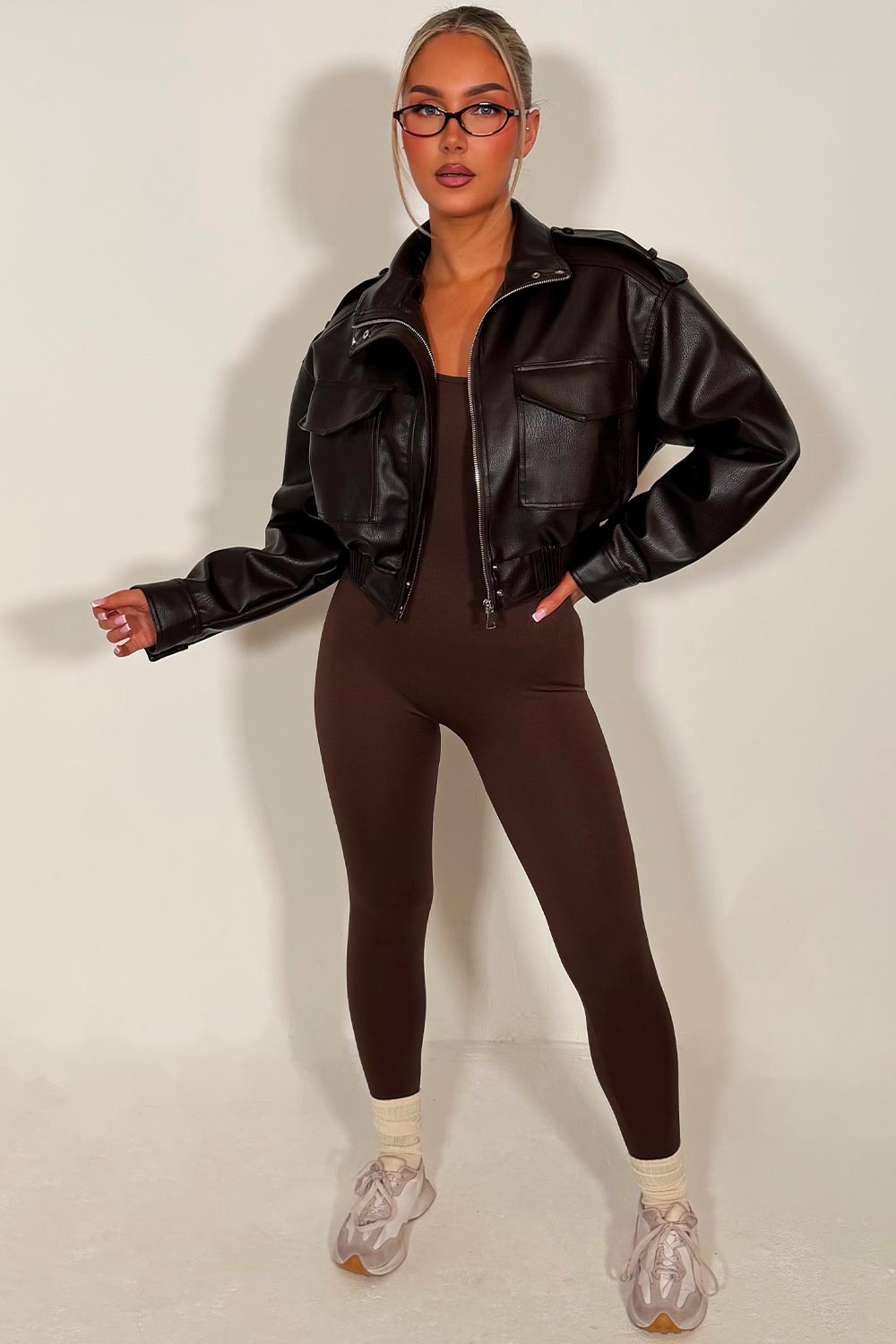 Faux Leather Jacket With Shoulder Tabs Brown