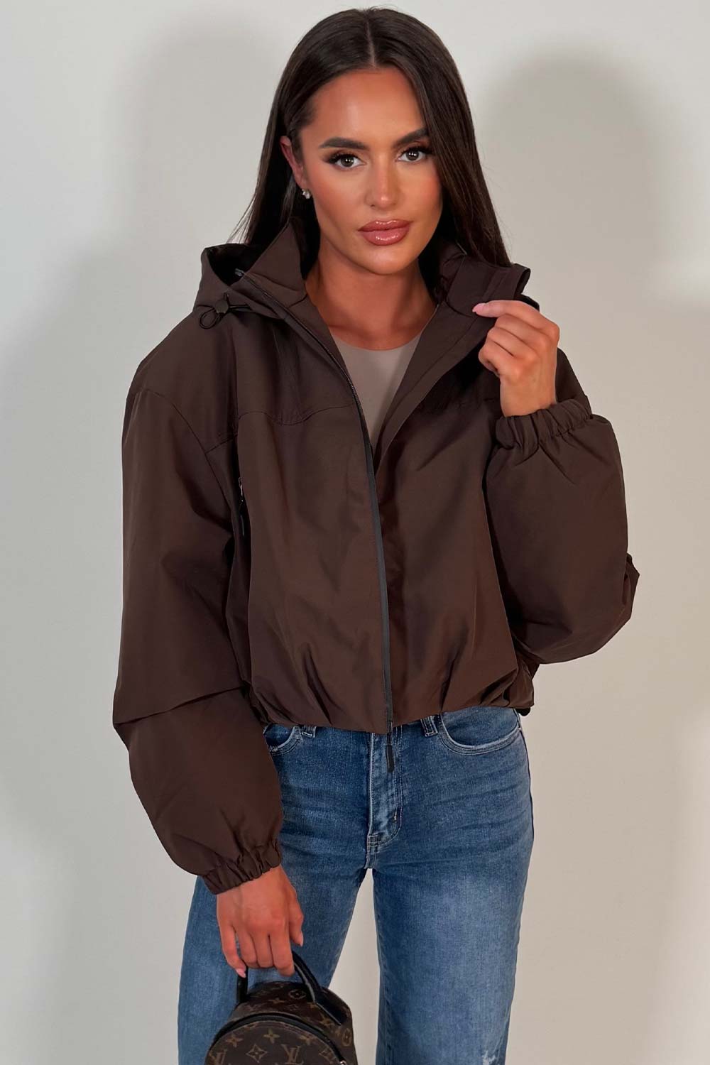 Brown Crop Padded Jacket With Hood