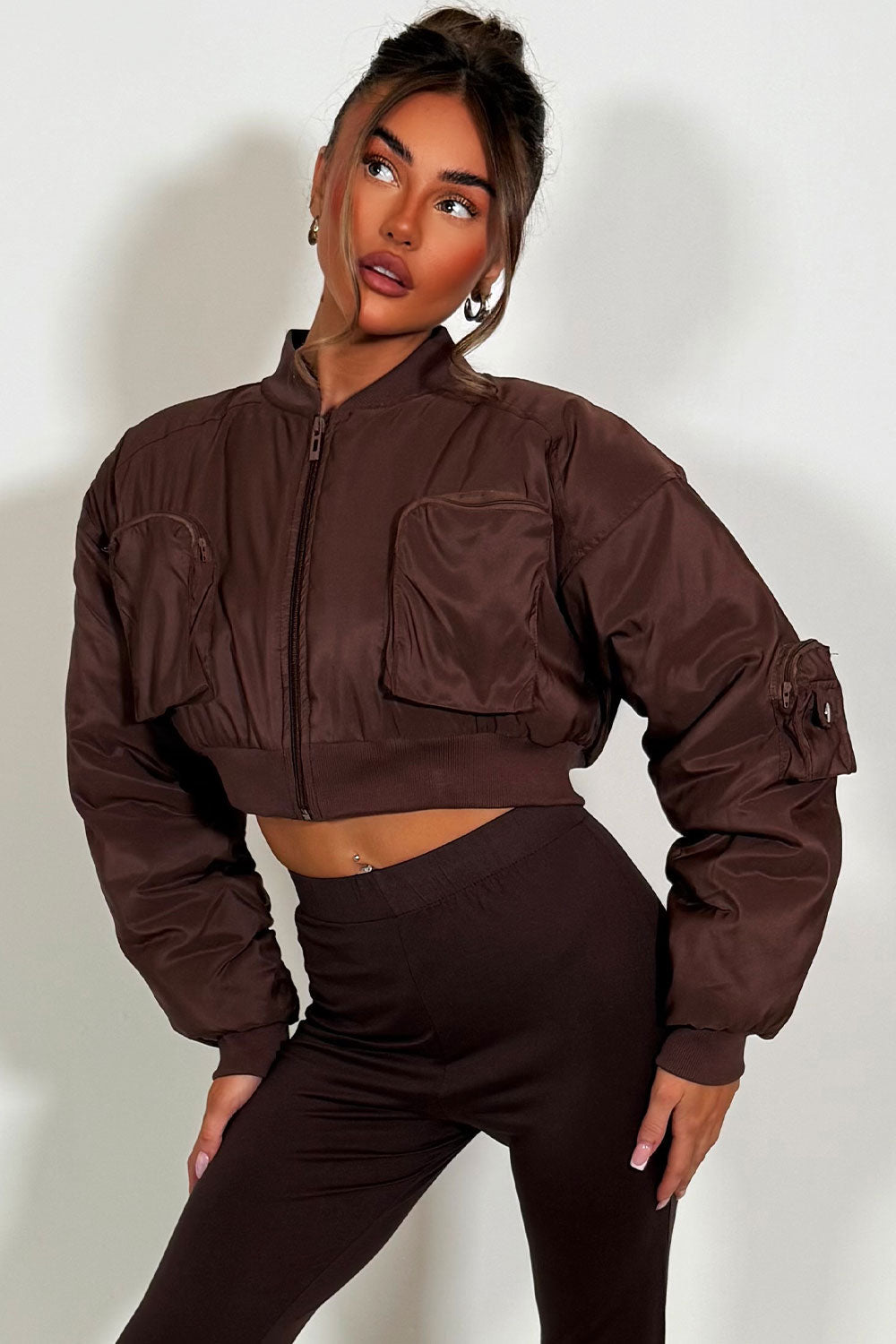 Crop Bomber Jacket With Pockets Brown