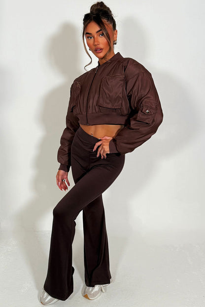 Crop Bomber Jacket With Pockets Brown