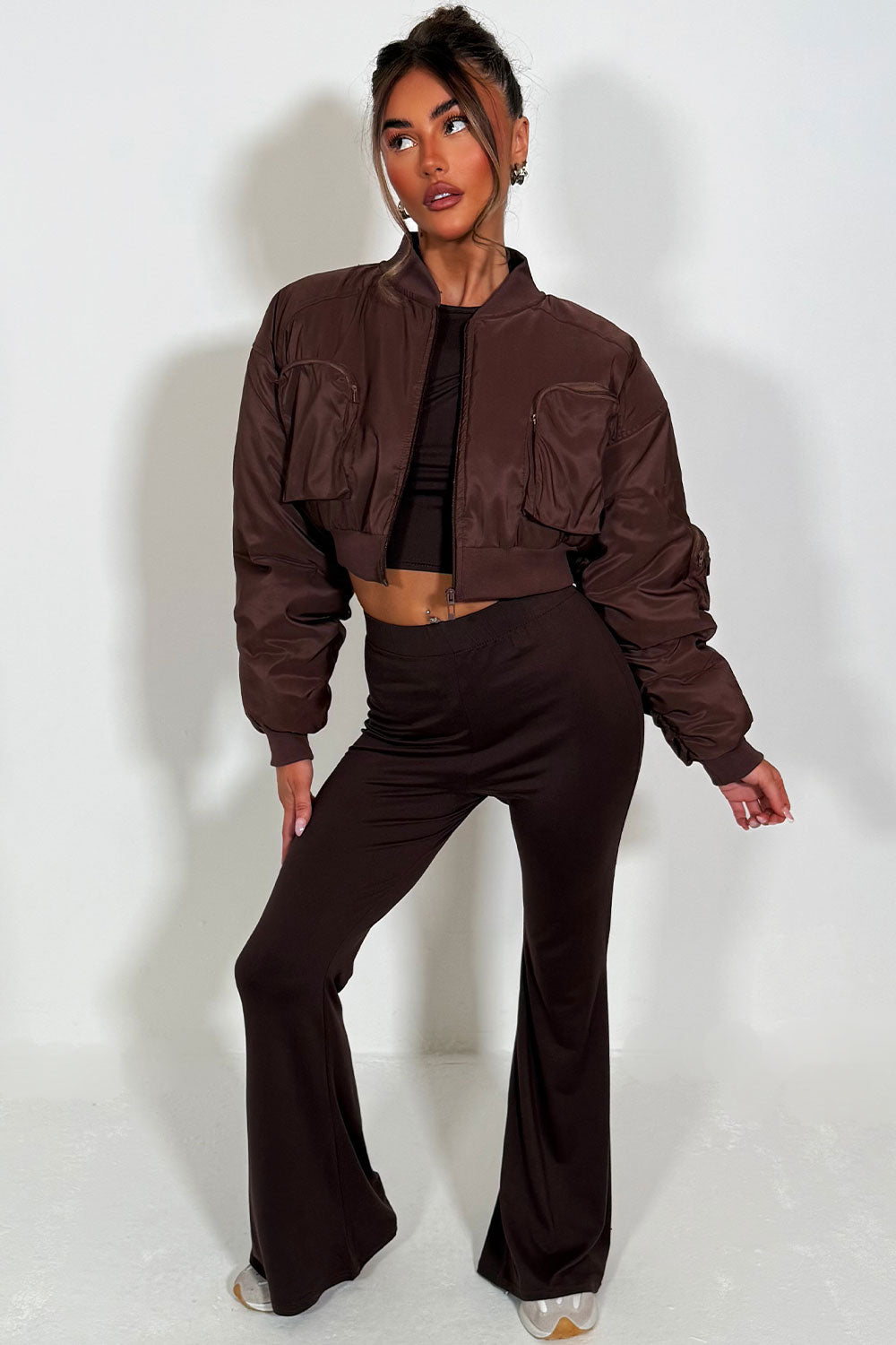 Crop Bomber Jacket With Pockets Brown