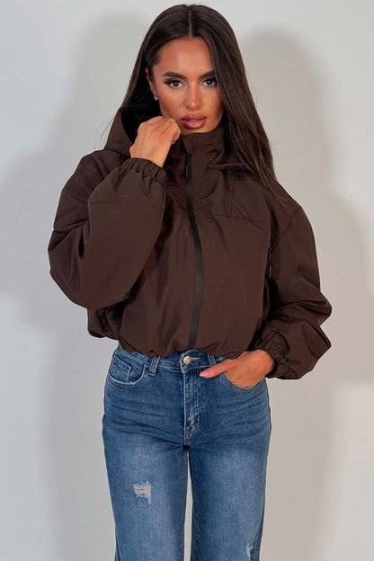 Brown Crop Padded Jacket With Hood