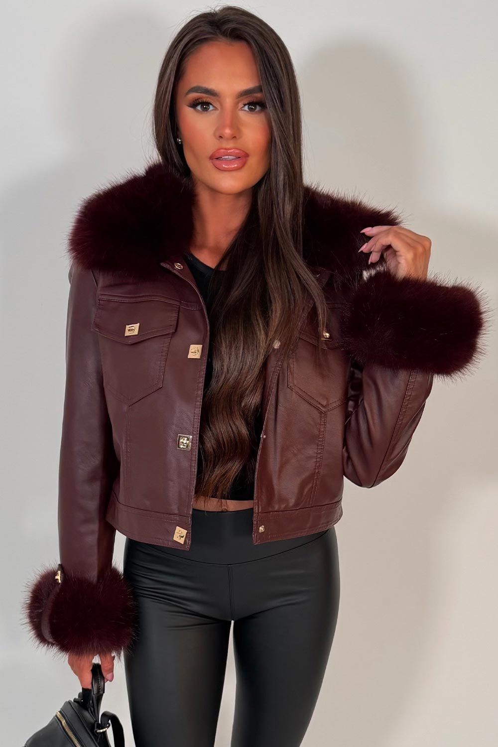 Burgundy Faux Fur Faux Leather Bomber Jacket With Gold Button