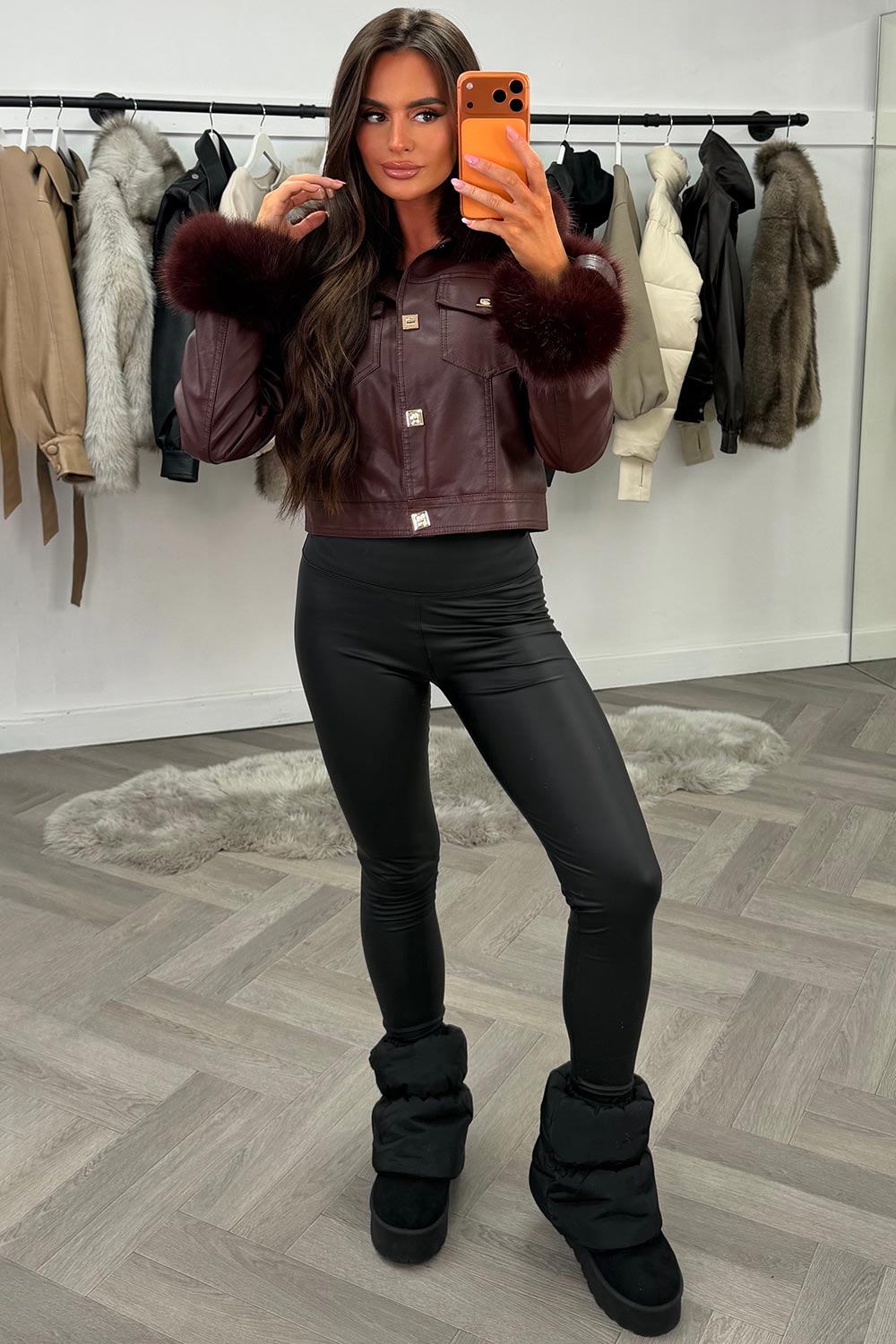Burgundy Faux Fur Faux Leather Bomber Jacket With Gold Button