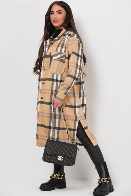 Long Check Shacket Camel