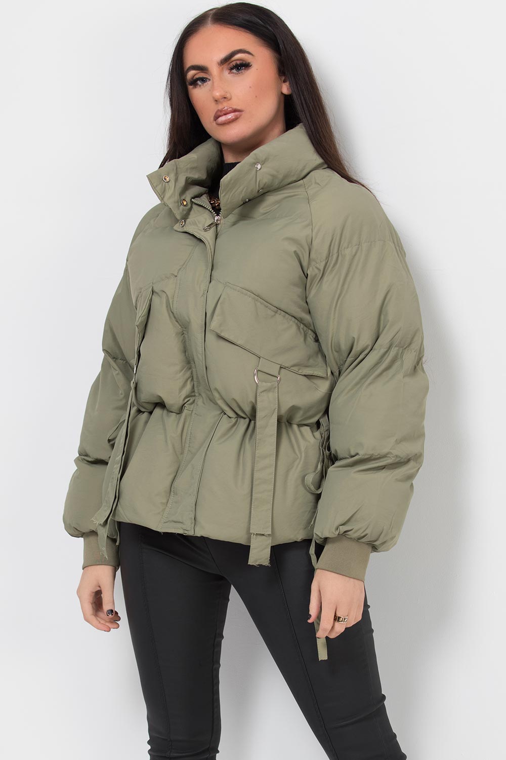 Puffer Jacket With Pocket Detail Khaki