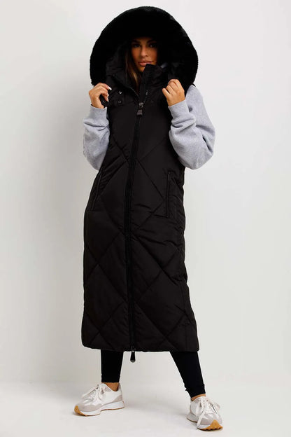 Black Long Puffer Gilet With Fur Hood