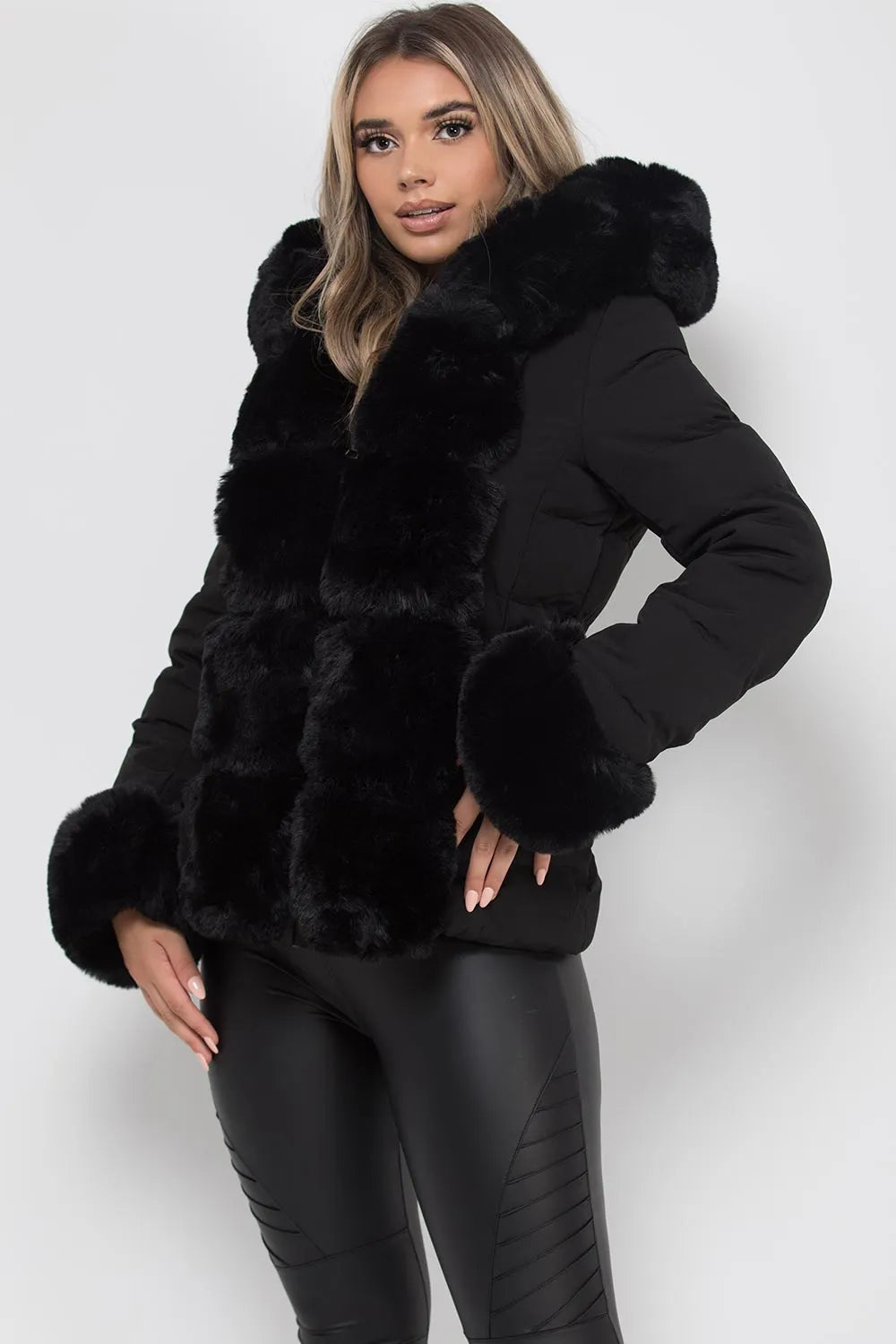 Puffer Jacket With Luxury Faux Fur Hood And Trim Black