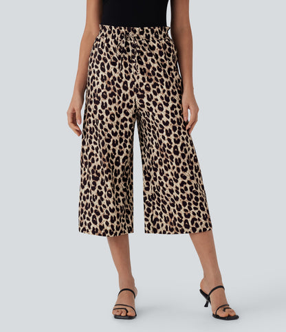 High Waisted Drawstring Leopard Print Wide Leg Capri Casual Pants with Pockets