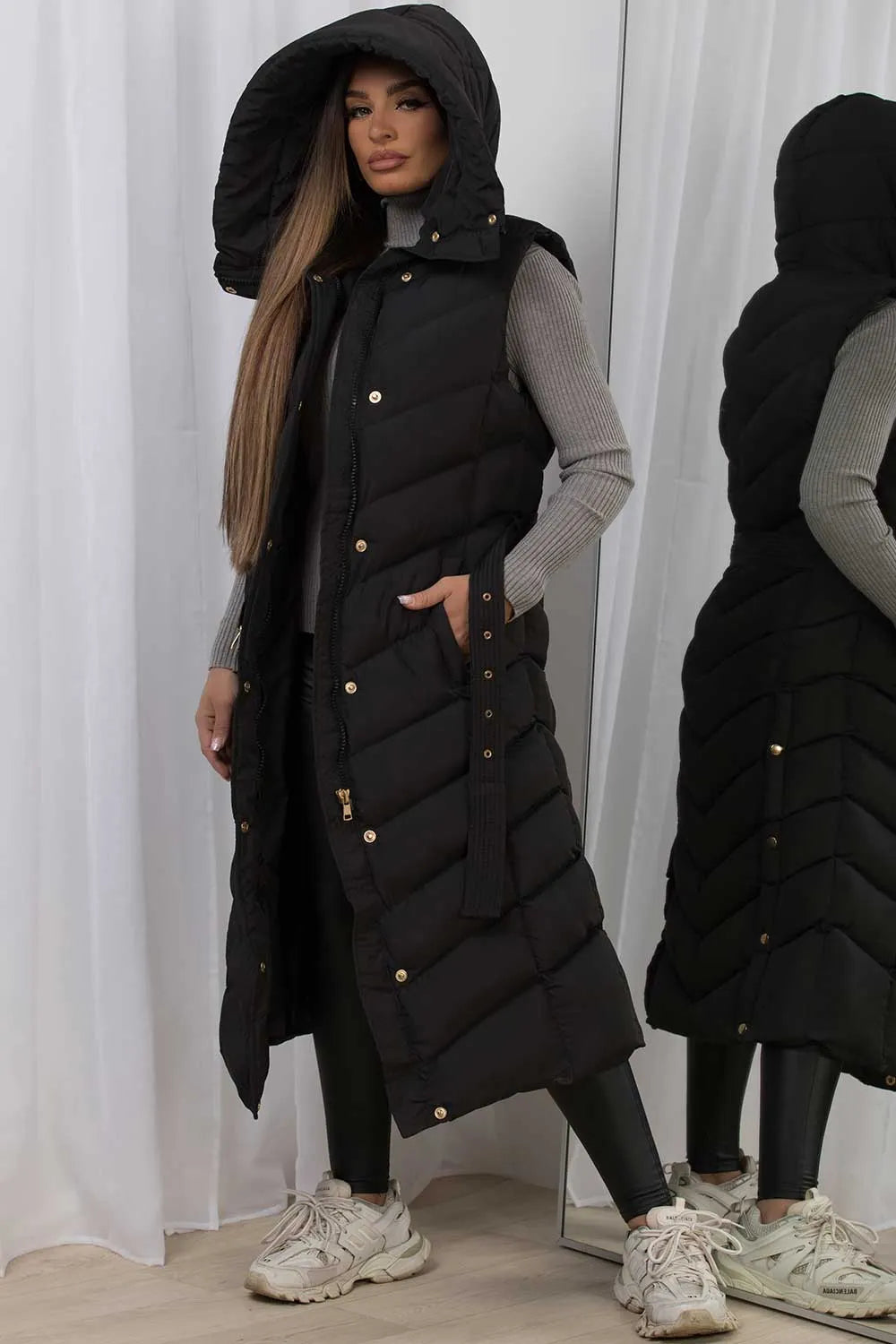 Long Gilet With Belt And Hood Black