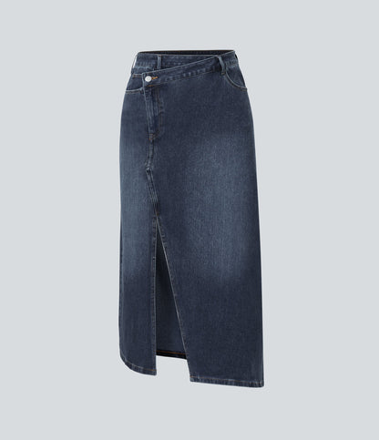 FlexTM Asymmetric Mid Rise Denim Maxi Casual Skirt with Pockets