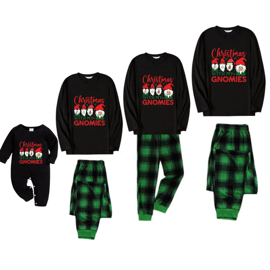 Christmas Family Matching Pajamas-Black Top and Green Plaid Pants Pjs Set with Gnome Family and "Christmas With My Gnomies" Print