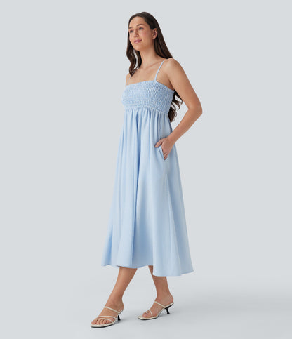 Shirred Stripe Midi Slip Dress with Pockets