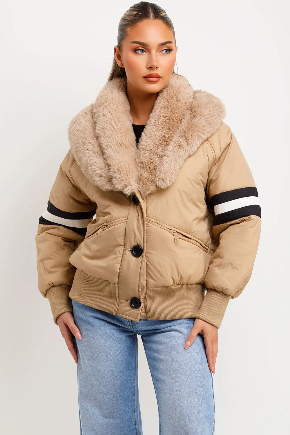 Aviator Bomber Jacket With Faux Fur And Stripe Detail Beige