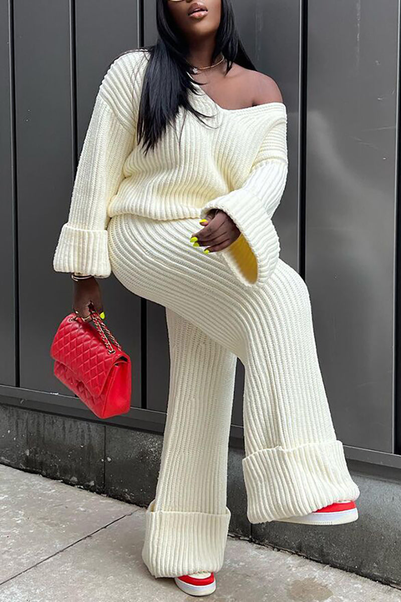 Pleated Knit Off Shoulder Long Sleeve Sweater Straight Leg Pants Matching Set-White