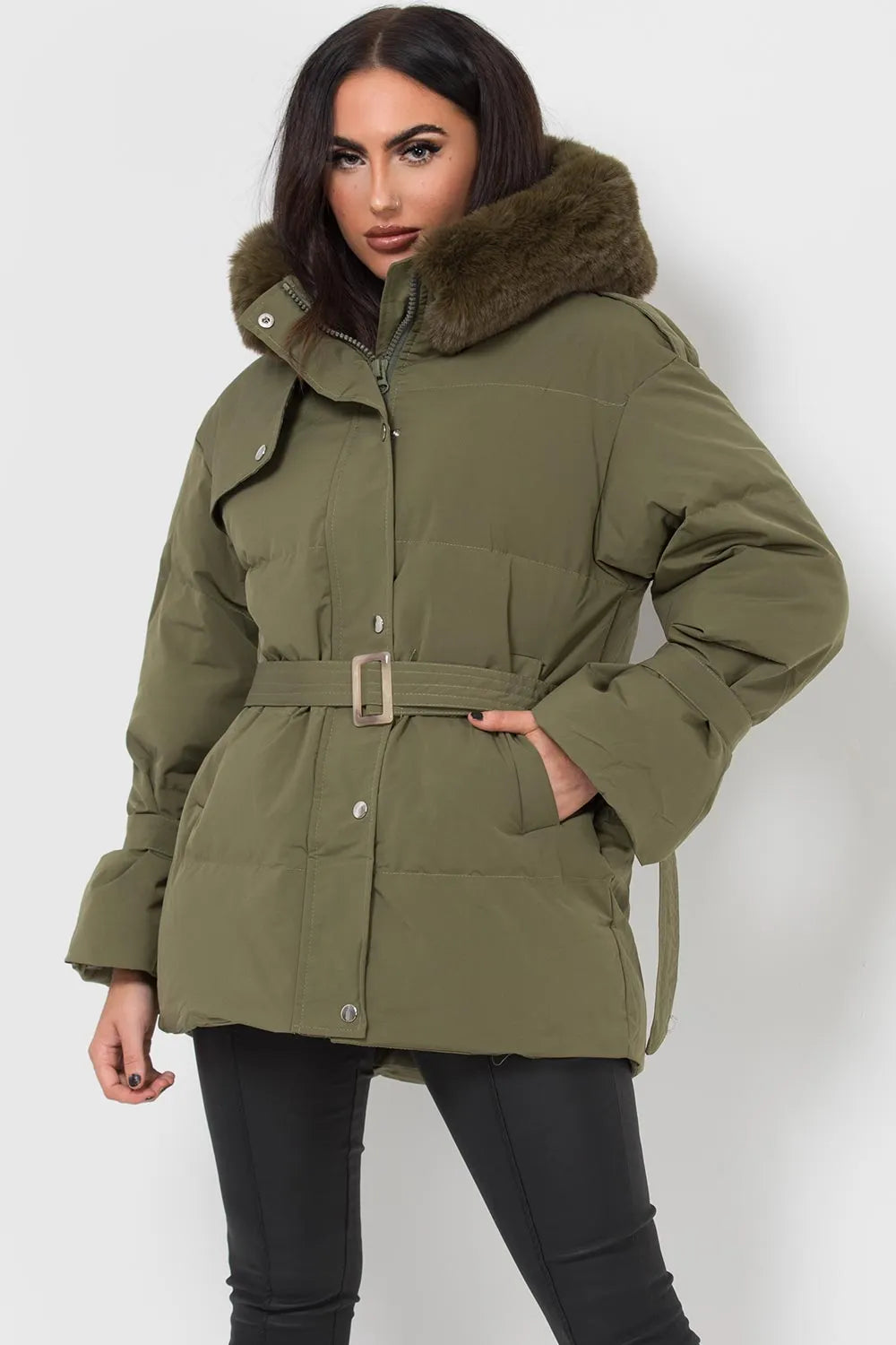 Khaki Puffer Padded Coat With Faux Fur Hood
