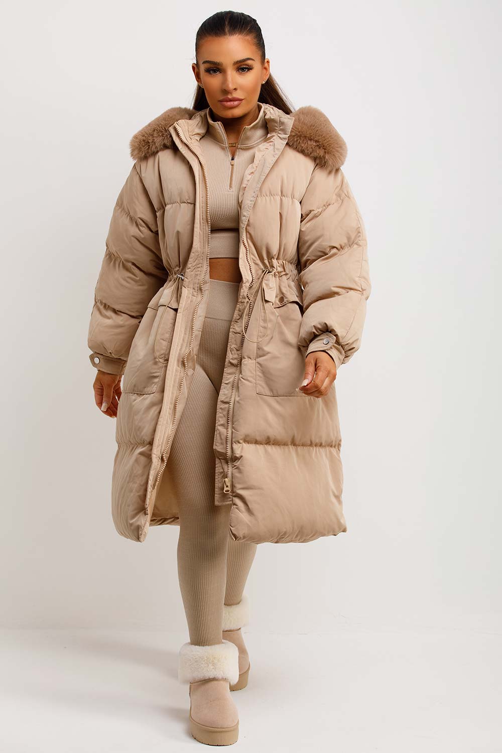 Long Puffer Coat With Faux Fur Hood And Drawstring Waist Beige