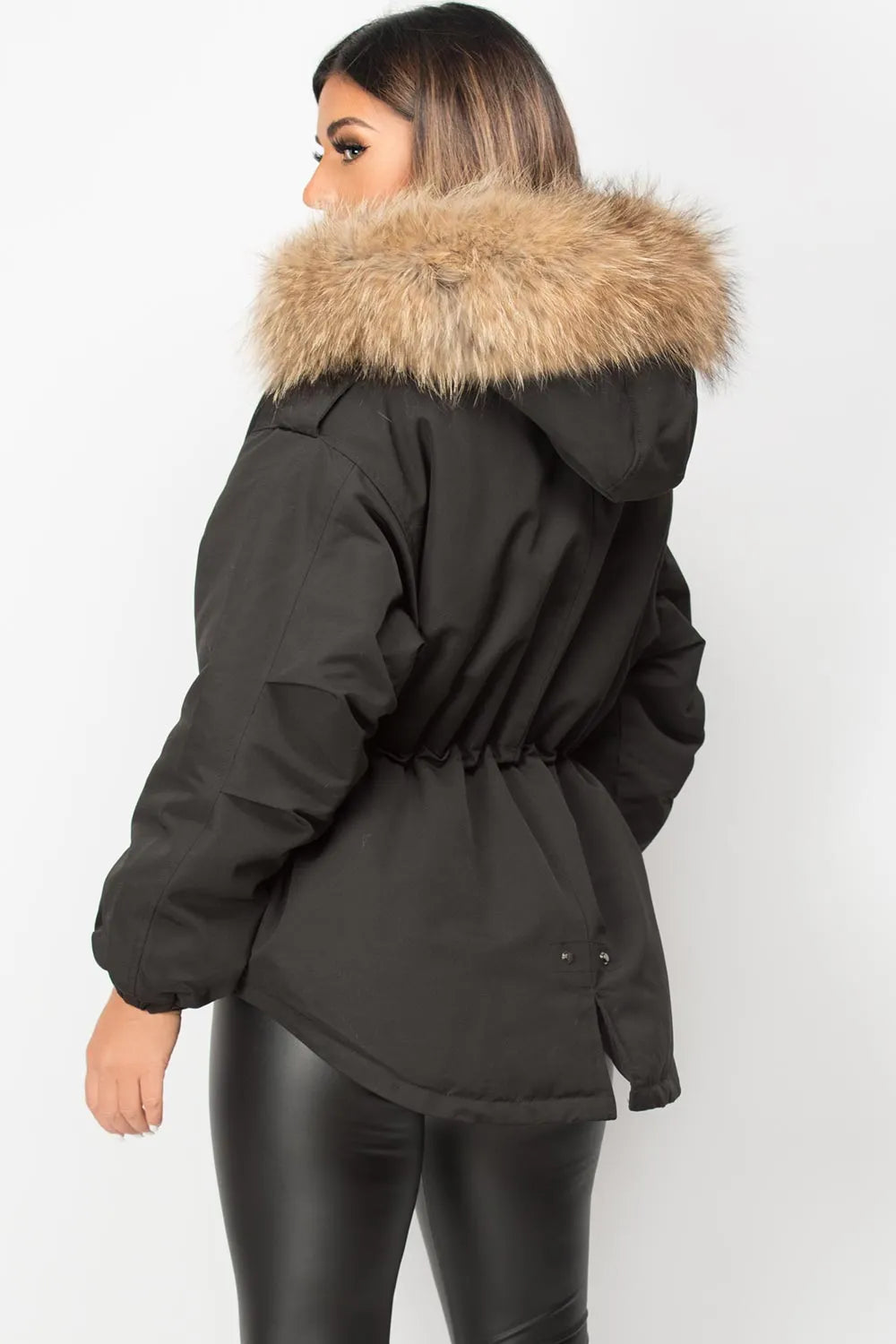 Black Natural Fur Hooded Parka Coat
