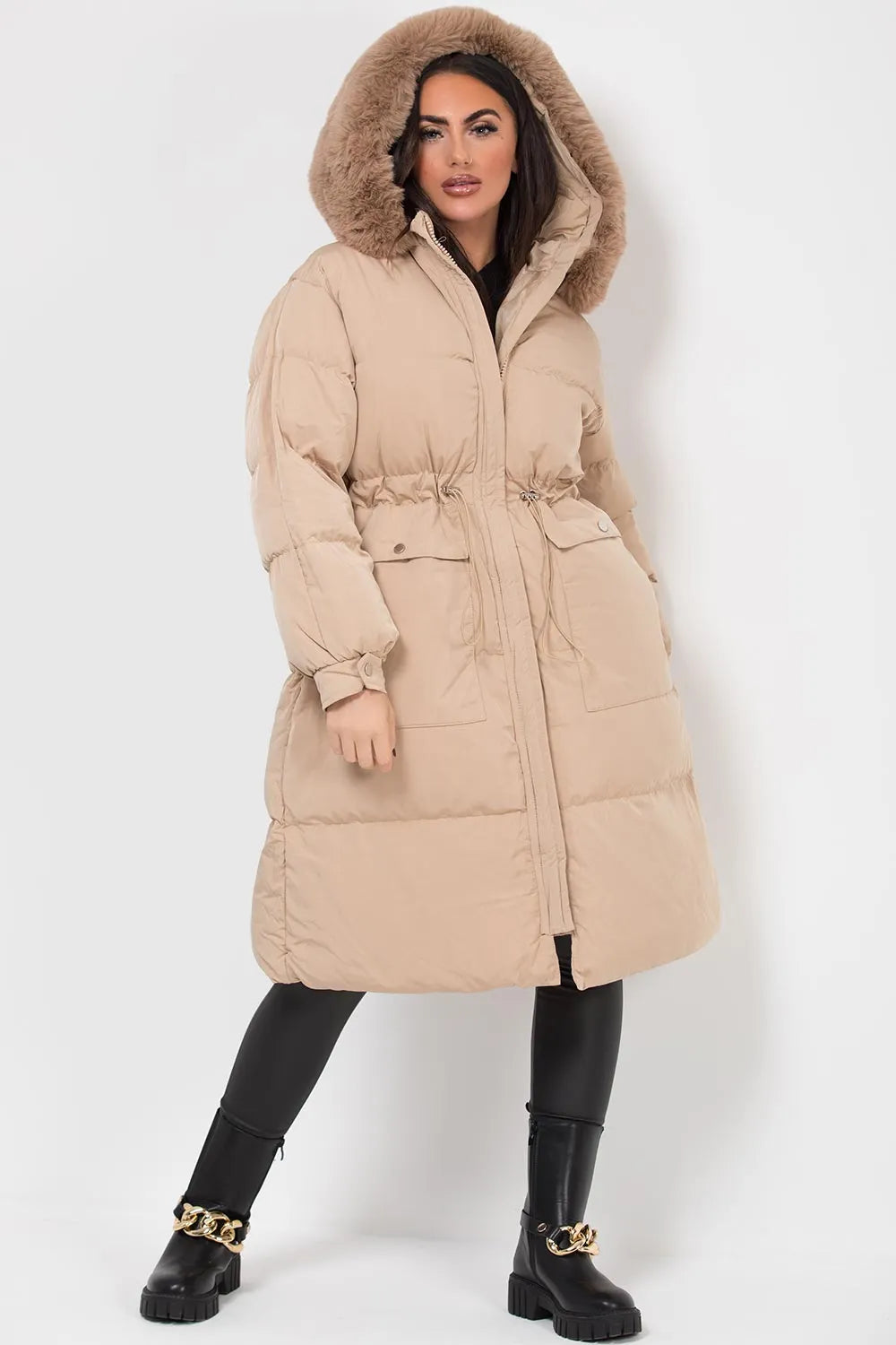 Long Puffer Coat With Faux Fur Hood And Drawstring Waist Beige