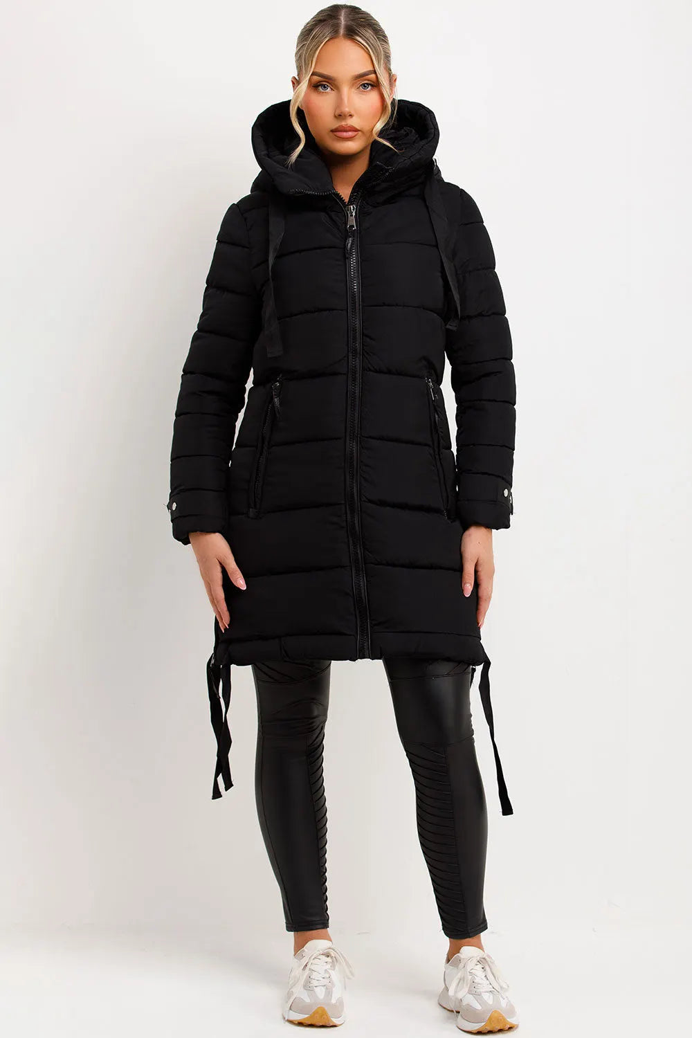 Long Puffer Coat With Hood And Side Straps Black