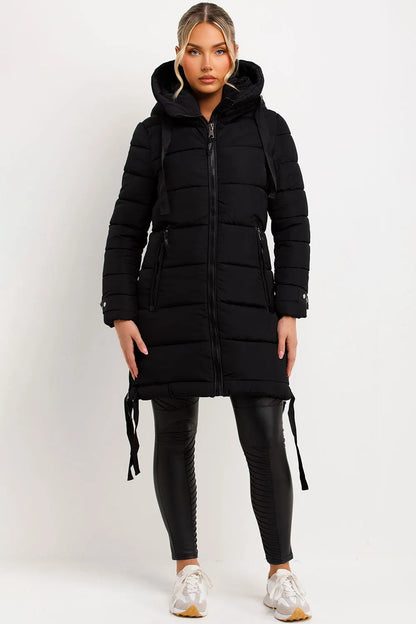 Long Puffer Coat With Hood And Side Straps Black