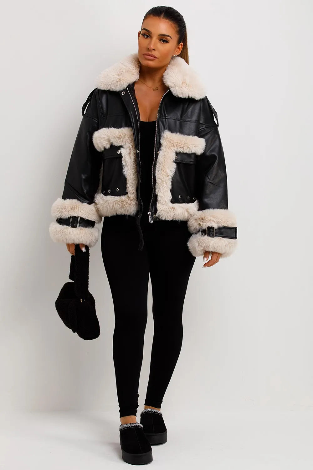 Faux Fur Trim Faux Leather Jacket Black