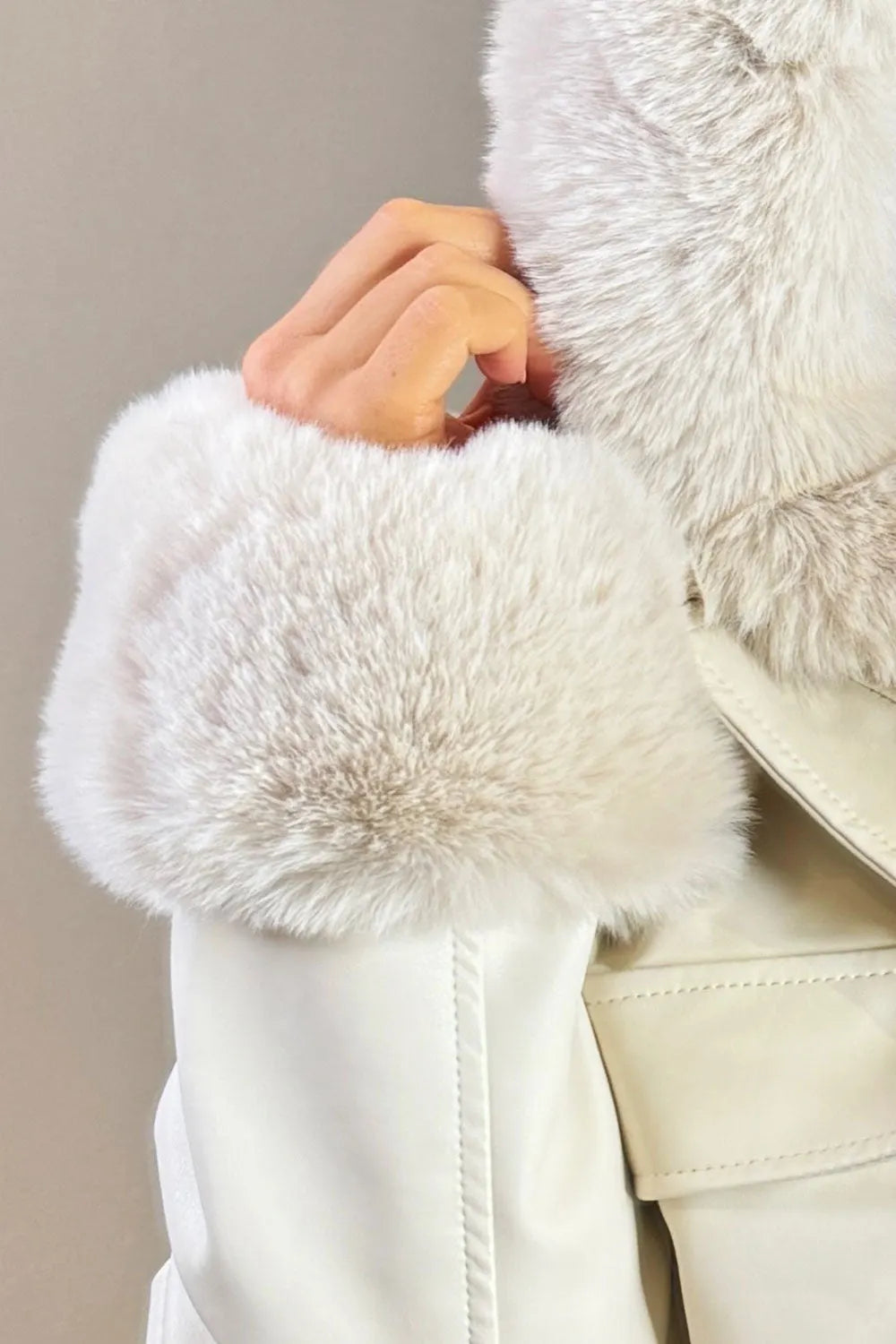 Faux Fur Bomber Jacket In Faux Leather Beige