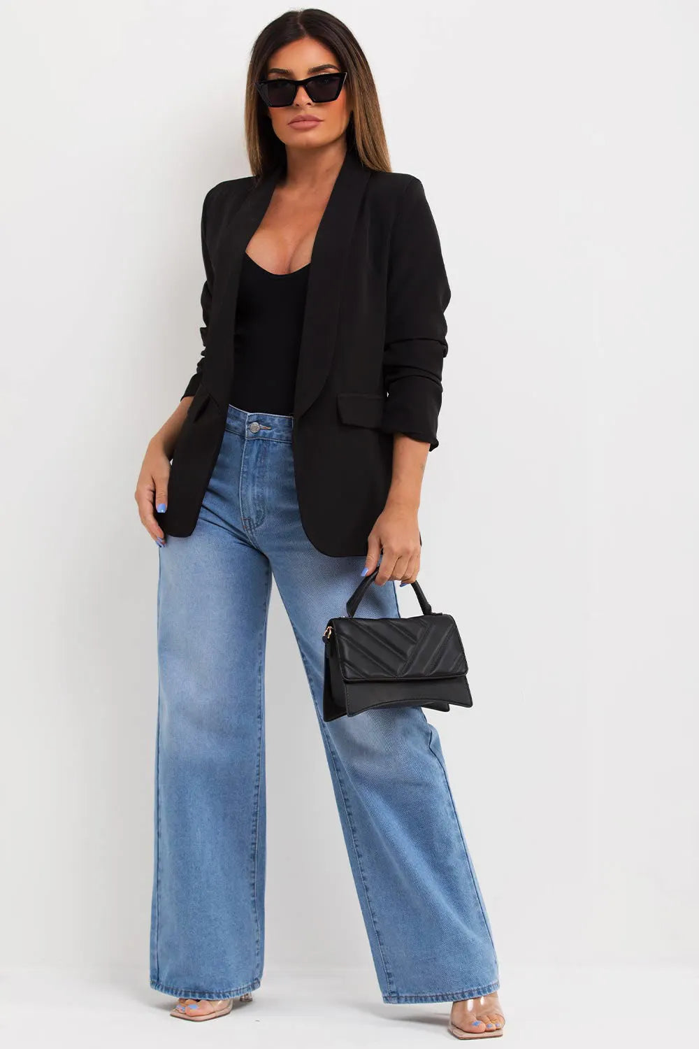 Black Ruched Sleeve Blazer