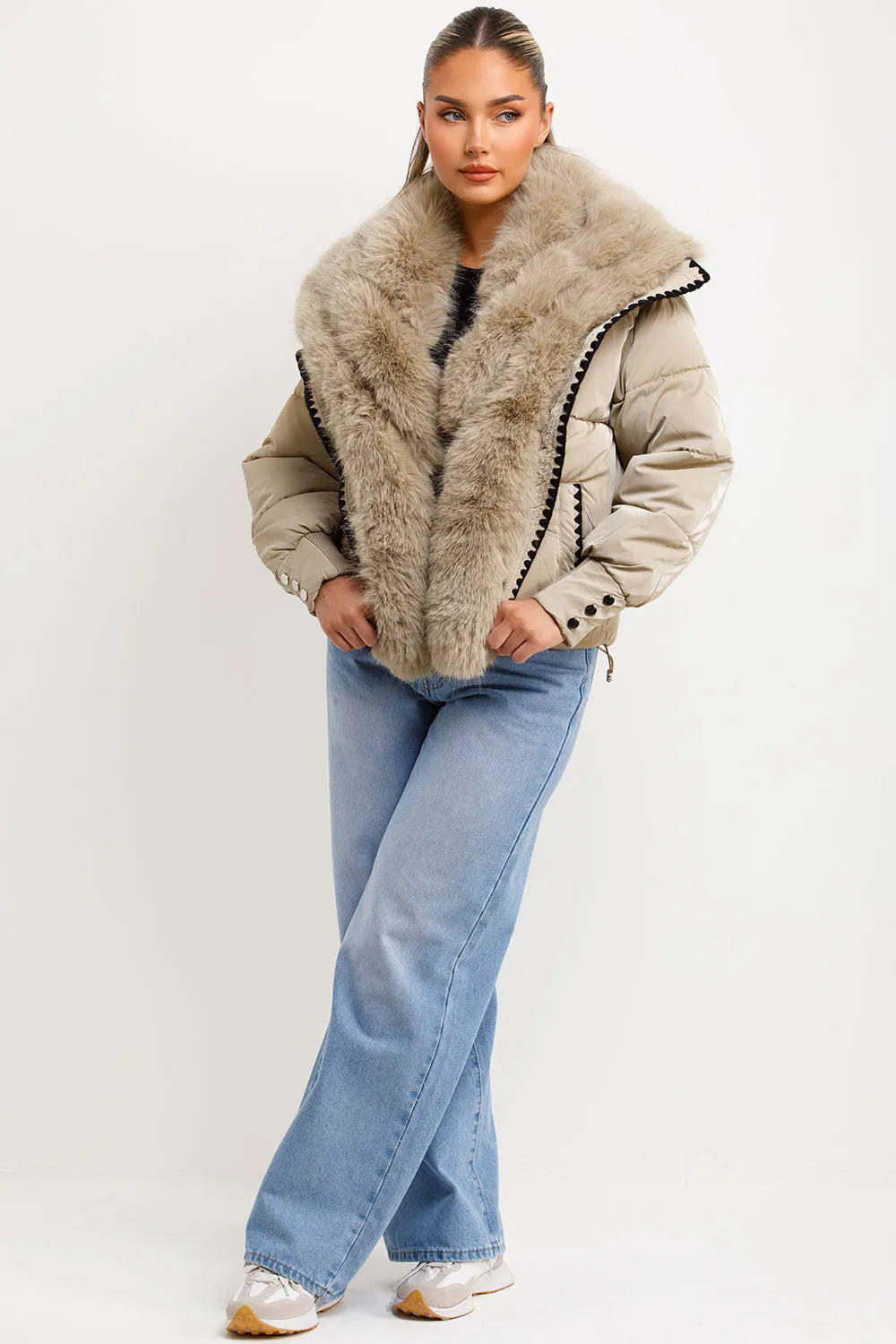 Faux Fur Collar And Trim Puffer Coat With Contrast Stitching Detail Beige