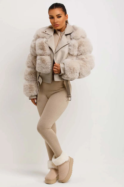 Faux Fur Faux Leather Aviator Jacket With Belt Beige