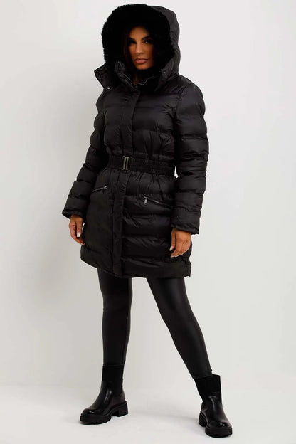 Puffer Padded Coat With Fur Hood And Belt Black