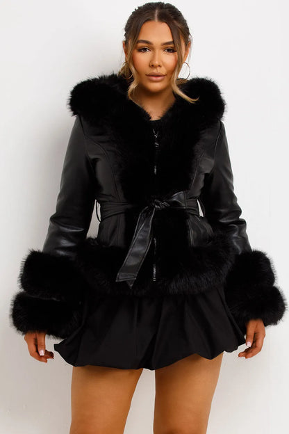 Faux Leather Fur Coat With Hood And Belt Black