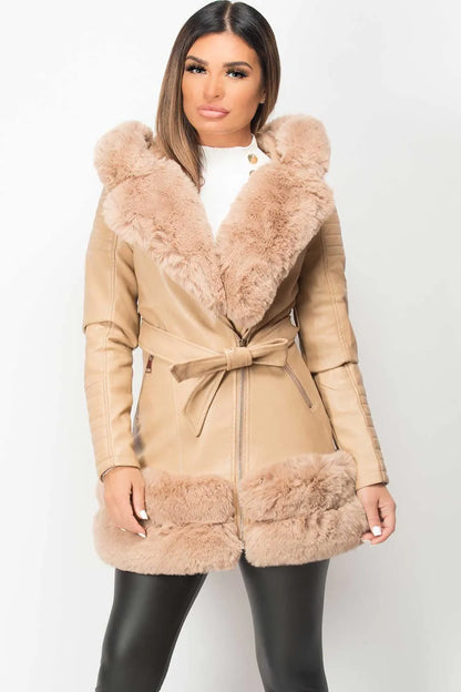 Faux Fur Faux Leather Hooded Belted Jacket Beige