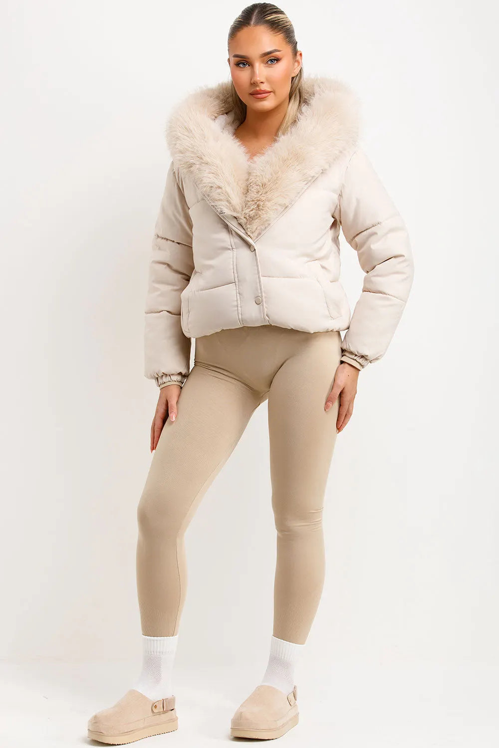 Bomber Jacket With Fur Hood And Trim Beige