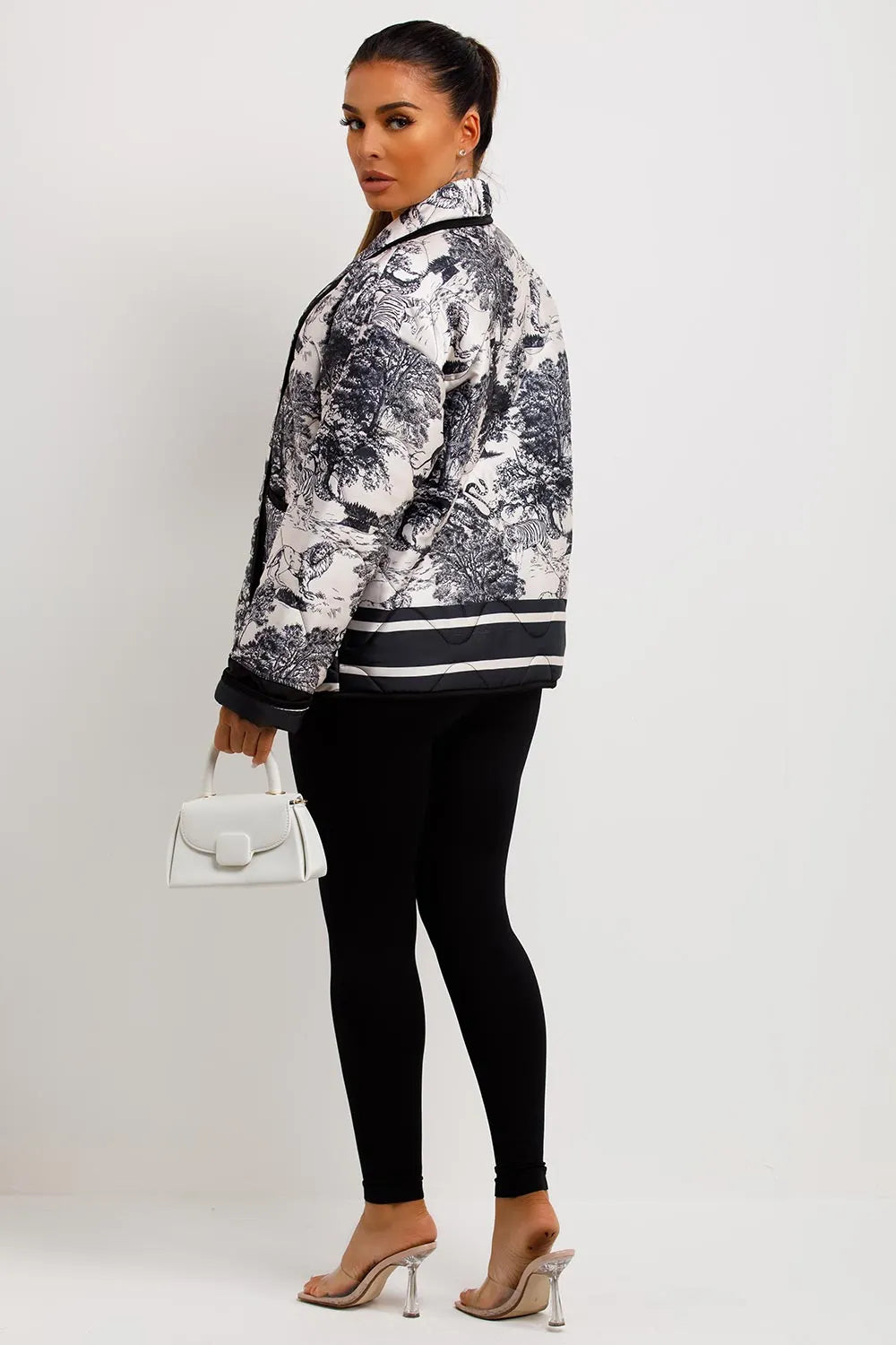 Satin Quilted Blazer Jacket With Jungle Print Black White