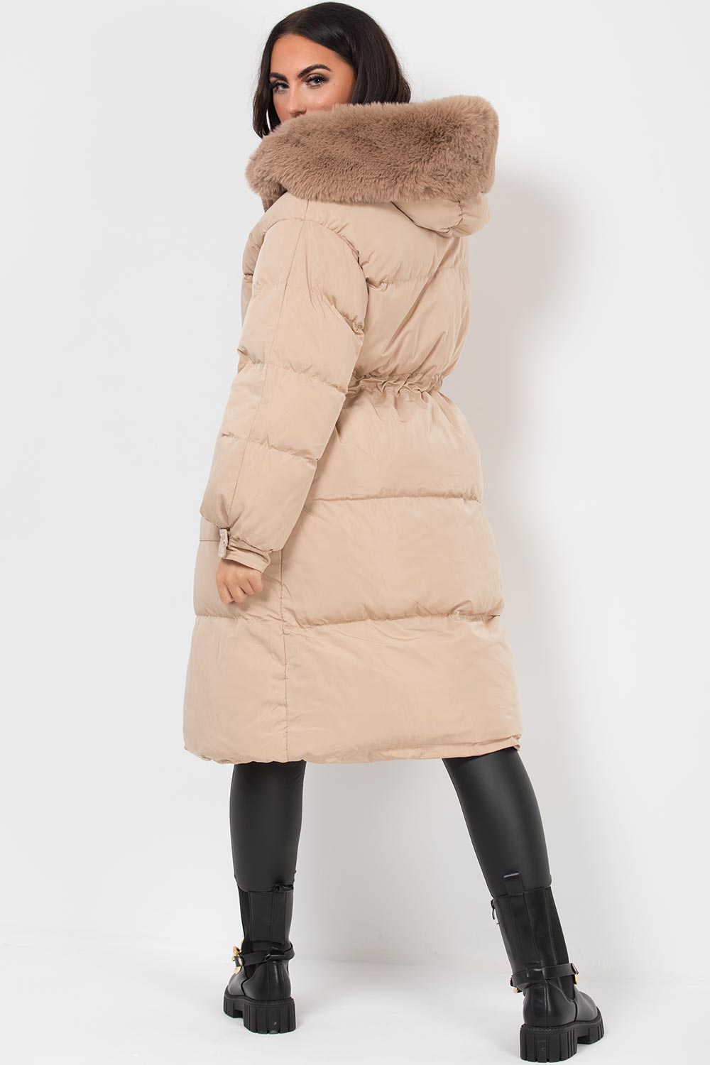Long Puffer Coat With Faux Fur Hood And Drawstring Waist Beige