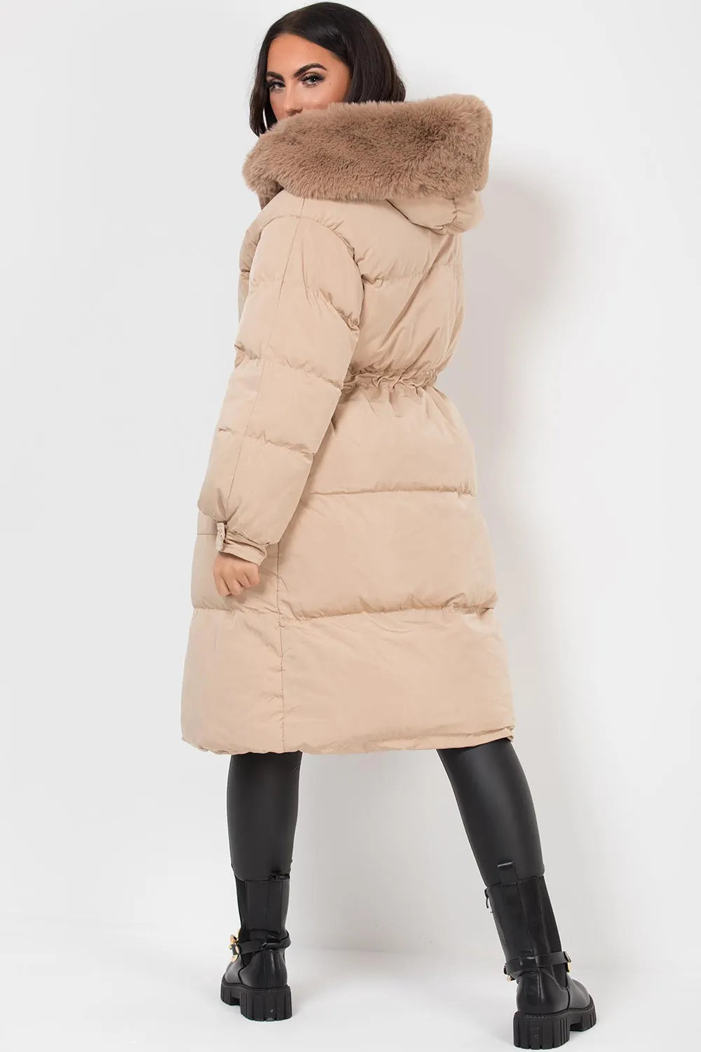 Long Puffer Coat With Faux Fur Hood And Drawstring Waist Beige