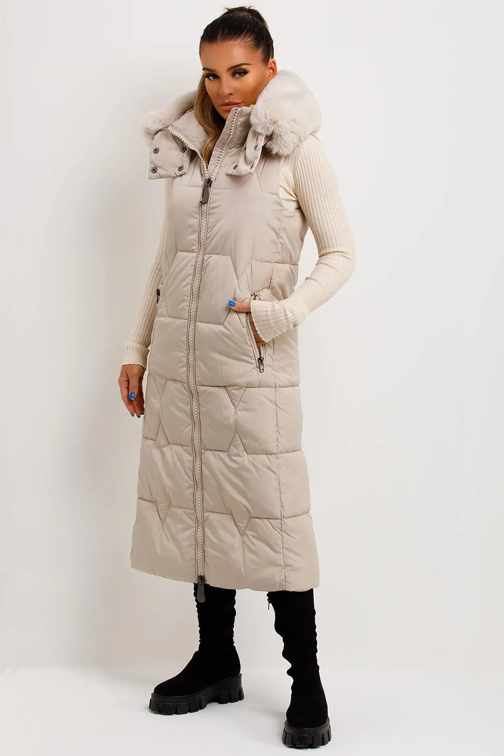 Long Puffer Gilet With Faux Fur Hood Beige