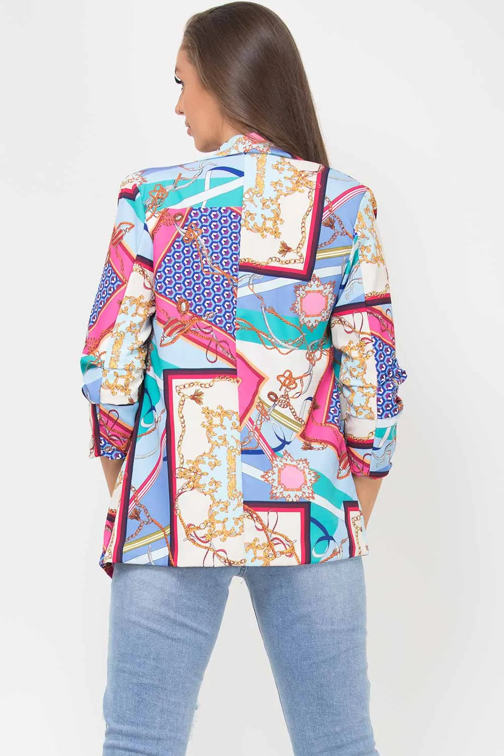 Scarf Print Ruched Sleeve Blazer Blue