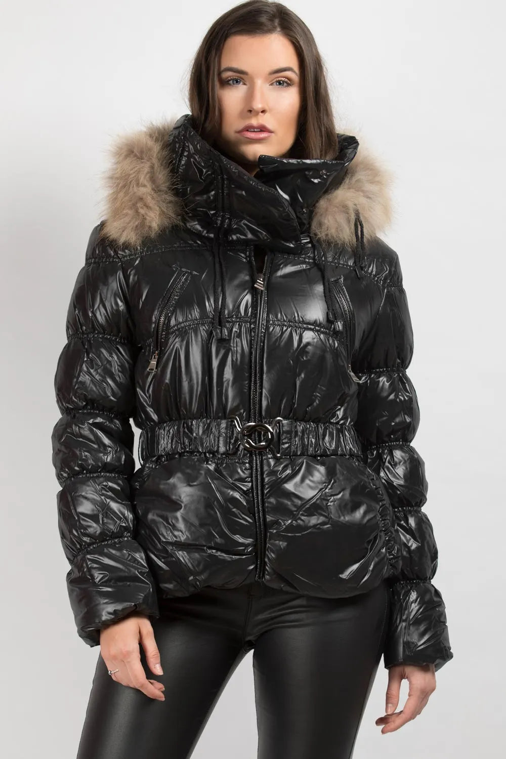 Shiny Puffer Coat With Fur Hood Belted