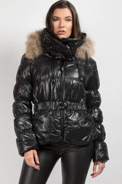 Shiny Puffer Coat With Fur Hood Belted
