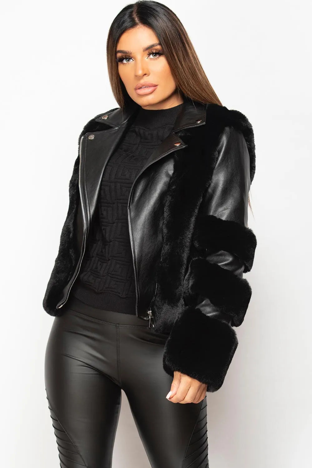 Black Faux Leather Biker Jacket With Faux Fur