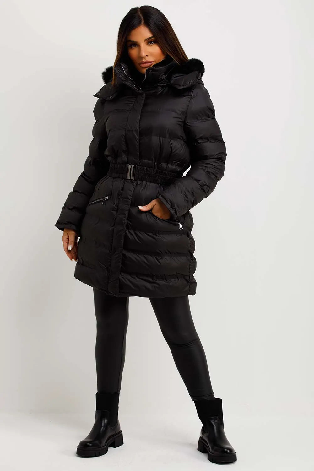 Puffer Padded Coat With Fur Hood And Belt Black